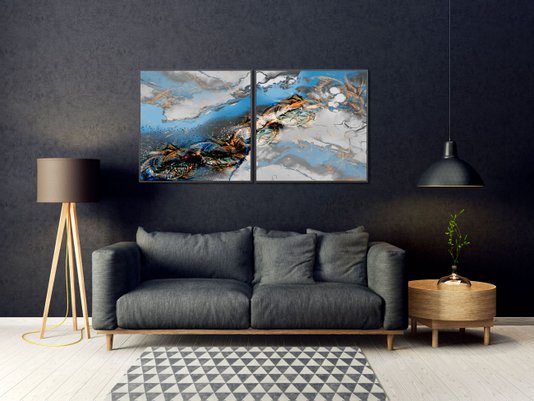 Par de Tela Canvas Abstrata Tons Azuis 2 Quadros de 90x90 cm
