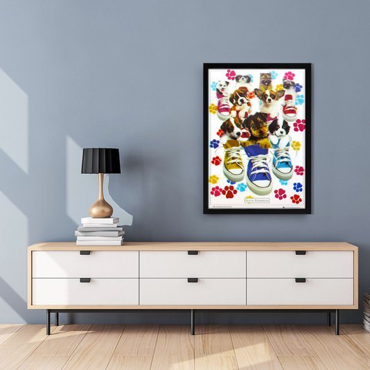 Poster 3D Dogs Filhotes Dentro de Tênis 50x70cm com/sem Moldura