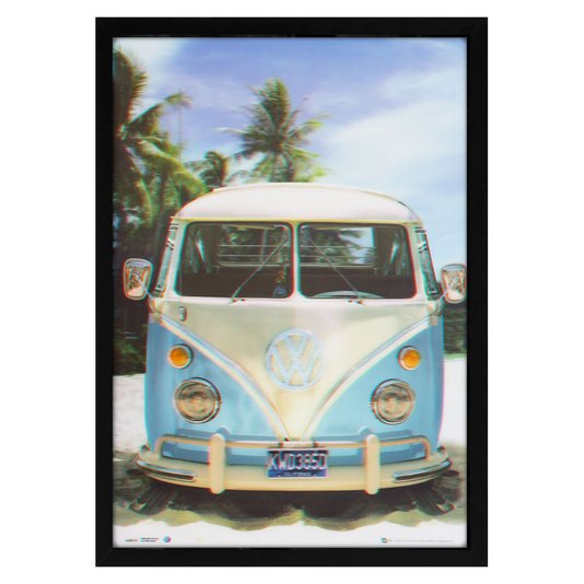 Poster 3D Kombi Antiga Azul e Branca na Praia Califórnia 50x70cm com/sem Moldura