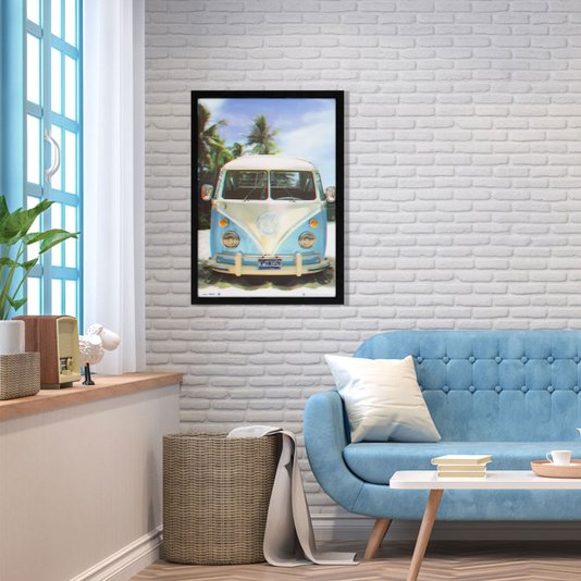 Poster 3D Kombi Antiga Azul e Branca na Praia Califórnia 50x70cm com/sem Moldura
