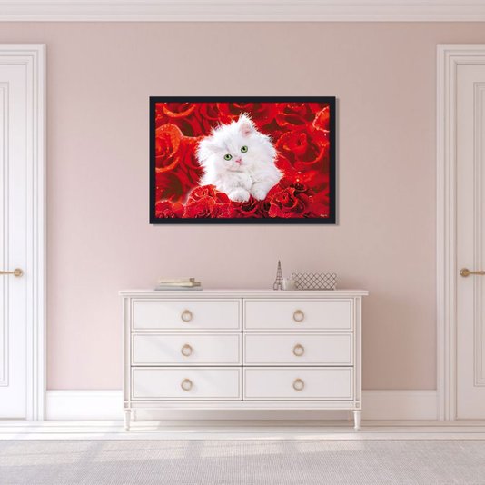 Poster Gato Branco Filhote Sobre Rosas Vermelhas 90x60cm com/sem Moldura