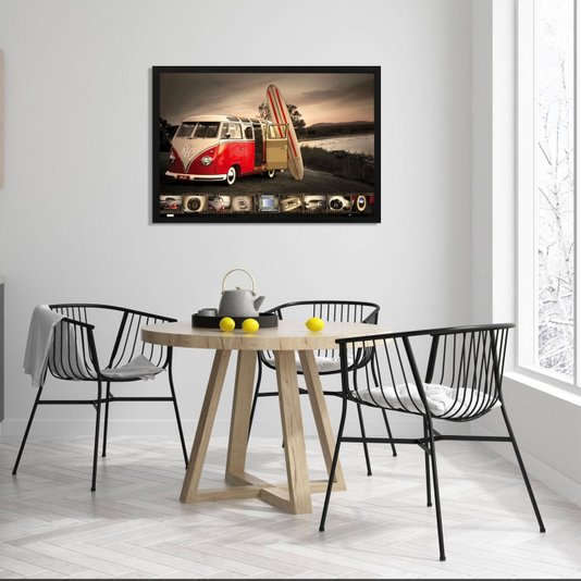 Poster Kombi Vermelha e Prancha de Surf 90x60cm com/sem Moldura