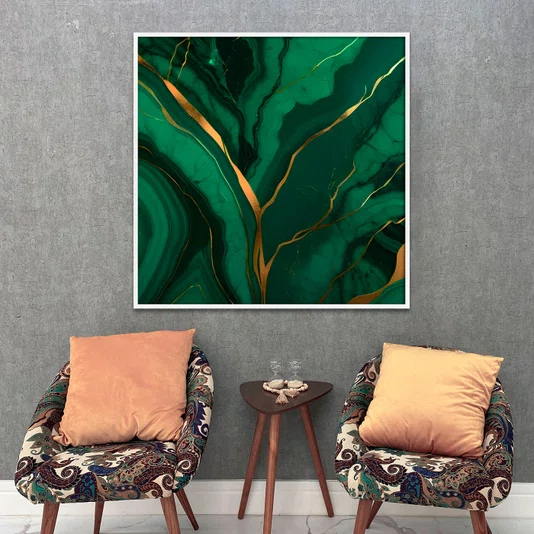 Quadro Abstrato Arte Luxuosa em tons de Verde Esmeralda com Moldura e Vidro