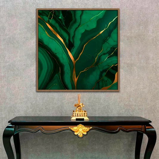 Quadro Abstrato Arte Luxuosa em tons de Verde Esmeralda com Moldura e Vidro