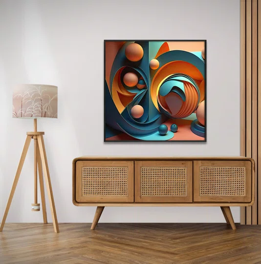 Quadro Abstrato Arte Moderna Colorida com Esferas Estilo 3D com Moldura e Vidro