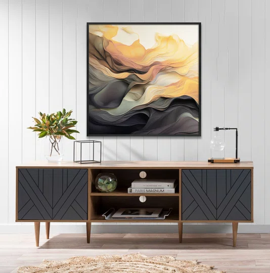 Quadro Abstrato Arte Moderna Ondas Coloridas com Moldura e Vidro