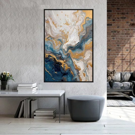 Quadro Abstrato Azul e Dourado Arte Marmorizada Moderna e Luxuosa Vertical