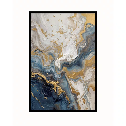 Quadro Abstrato Azul e Dourado Arte Marmorizada Moderna e Luxuosa Vertical