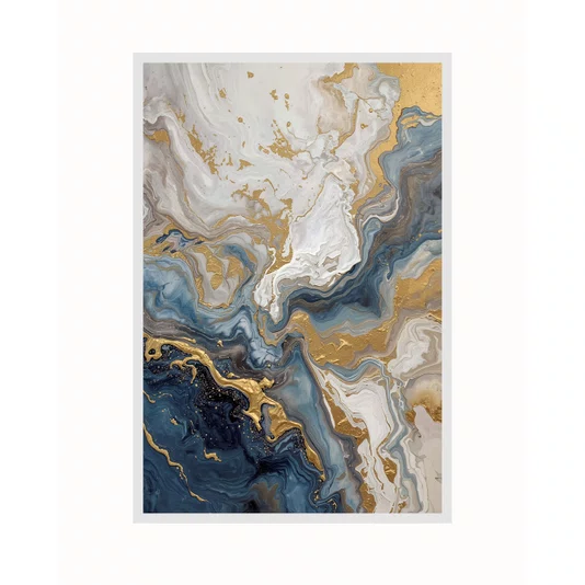Quadro Abstrato Azul e Dourado Arte Marmorizada Moderna e Luxuosa Vertical