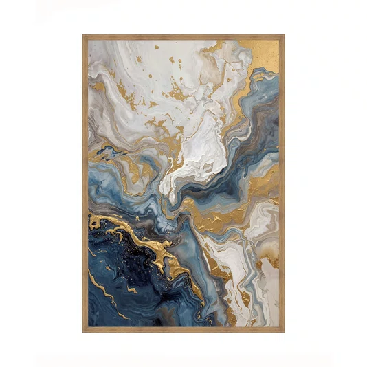 Quadro Abstrato Azul e Dourado Arte Marmorizada Moderna e Luxuosa Vertical