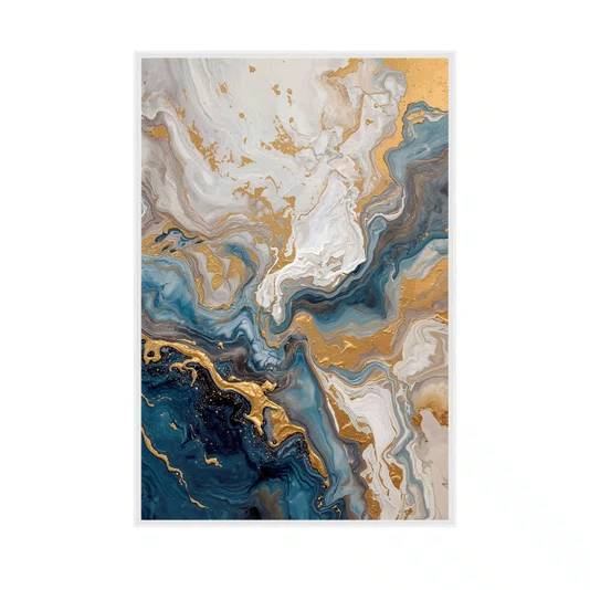Quadro Abstrato Azul e Dourado Arte Marmorizada Moderna e Luxuosa Vertical