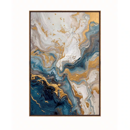 Quadro Abstrato Azul e Dourado Arte Marmorizada Moderna e Luxuosa Vertical