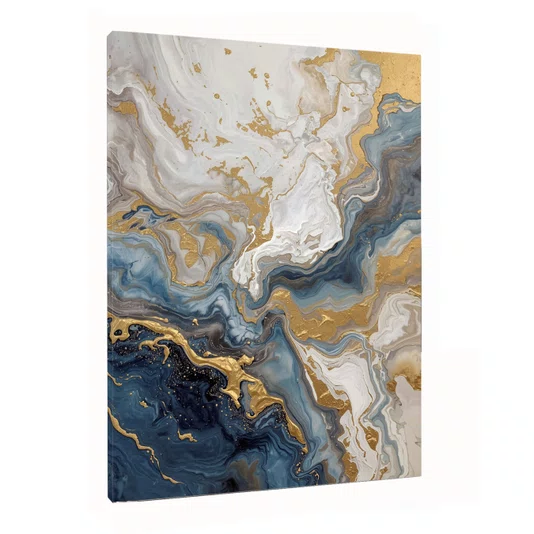 Quadro Abstrato Azul e Dourado Arte Marmorizada Moderna e Luxuosa Vertical