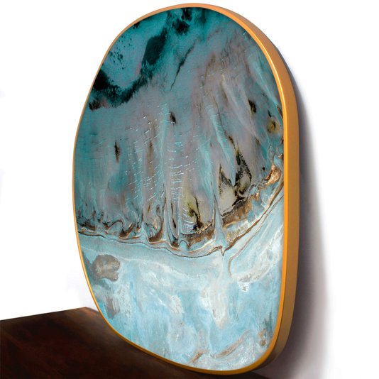 Quadro Abstrato Azul e Dourado | Moldura Orgânica MDF Semibrilho | Impressão Sustentável