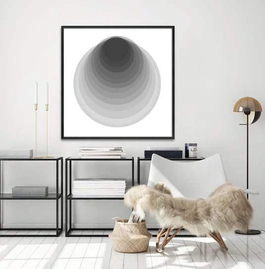 Quadro Abstrato Circular Profundo Preto e Branco Moderno com Moldura e Vidro