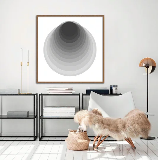 Quadro Abstrato Circular Profundo Preto e Branco Moderno com Moldura e Vidro