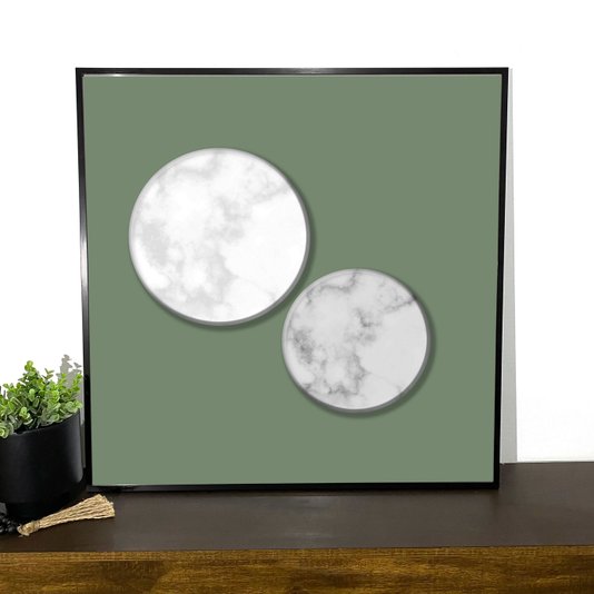 Quadro Abstrato Círculos em Fundo Verde Musgo com Moldura Filete Preta: Decor Moderna
