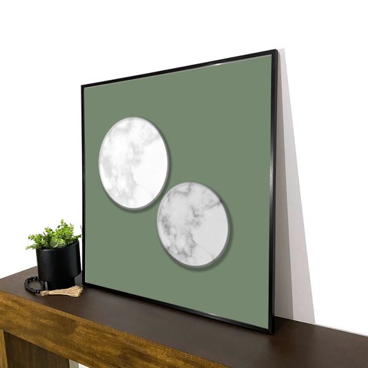 Quadro Abstrato Círculos em Fundo Verde Musgo com Moldura Filete Preta: Decor Moderna