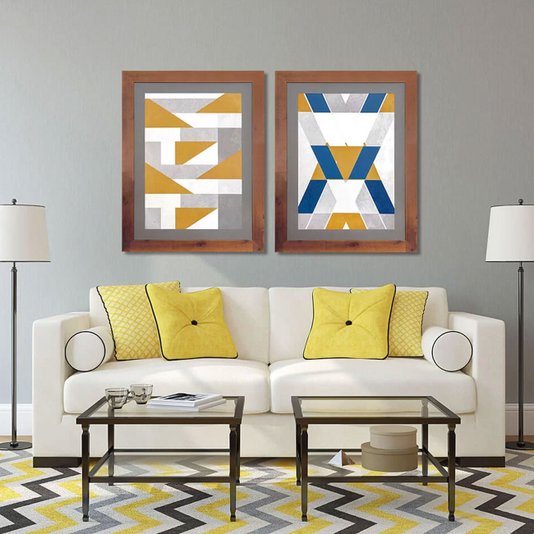 Quadro Abstrato Decor Amarelo e Cinza com Moldura Rústica 70x90cm