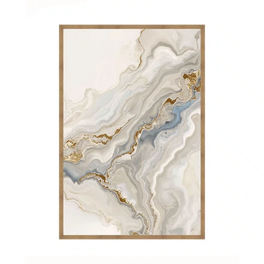Quadro Abstrato Efeito Mármore Moderno em Tons de Bege Ocre e Cinza Minimalista
