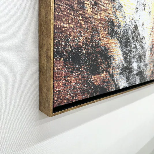 Quadro Abstrato em Canvas Tons de Cobre Preto e Dourado Moldura Dourada 170x120 cm