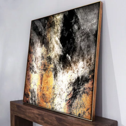 Quadro Abstrato em Canvas Tons de Cobre Preto e Dourado Moldura Dourada 170x120 cm