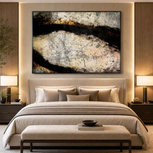 Quadro Abstrato em Tela Canvas Efeito Metal Oxidado Moldura Laqueada Cinza 170x120 cm
