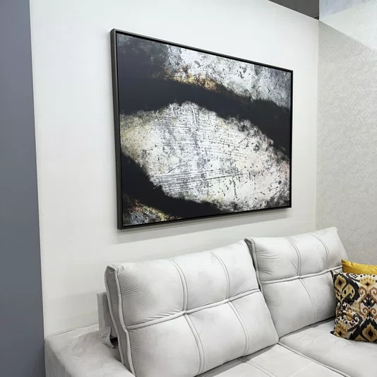 Quadro Abstrato em Tela Canvas Efeito Metal Oxidado Moldura Laqueada Cinza 170x120 cm