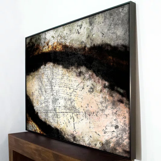 Quadro Abstrato em Tela Canvas Efeito Metal Oxidado Moldura Laqueada Cinza 170x120 cm