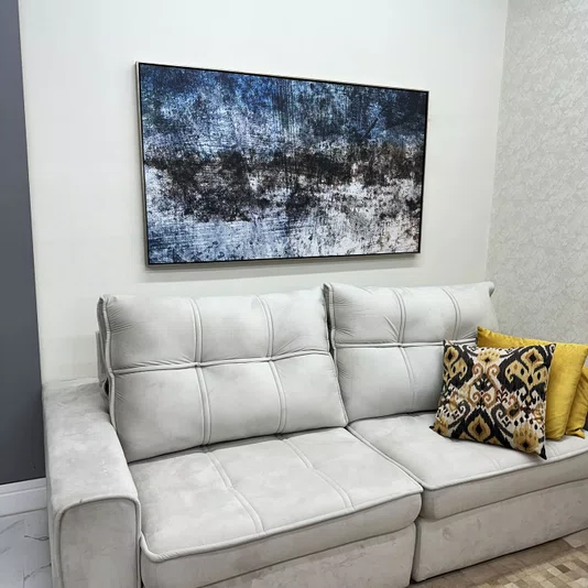 Quadro Abstrato em Tela Canvas Tons Azuis e Preto Moldura Prata Envelhecida 160x90 cm