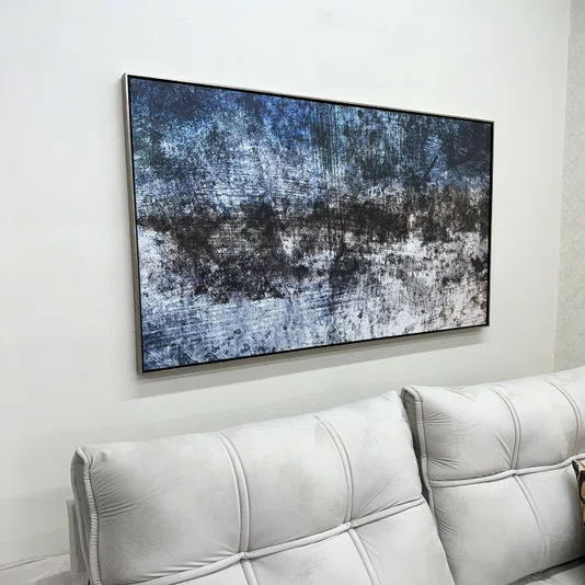 Quadro Abstrato em Tela Canvas Tons Azuis e Preto Moldura Prata Envelhecida 160x90 cm