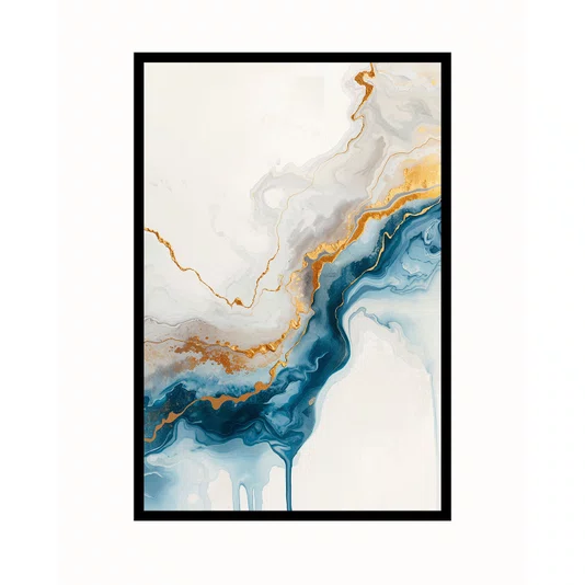 Quadro Abstrato Formas Fluidas em Azul e Ouro Decoração Minimalista Moderna