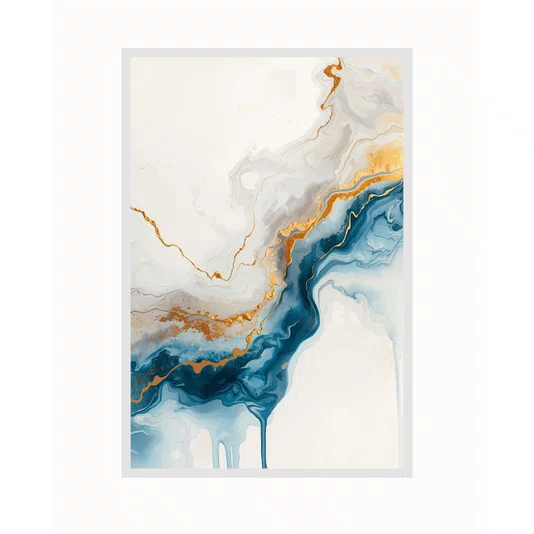 Quadro Abstrato Formas Fluidas em Azul e Ouro Decoração Minimalista Moderna