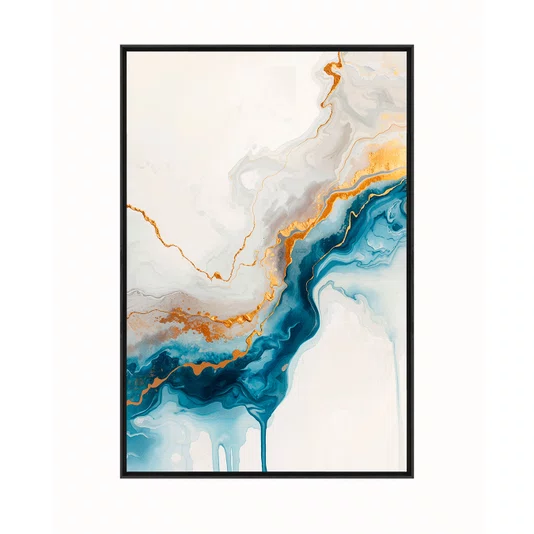 Quadro Abstrato Formas Fluidas em Azul e Ouro Decoração Minimalista Moderna