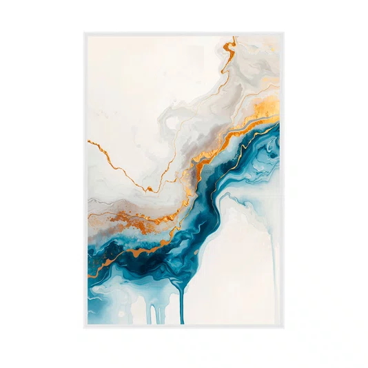 Quadro Abstrato Formas Fluidas em Azul e Ouro Decoração Minimalista Moderna