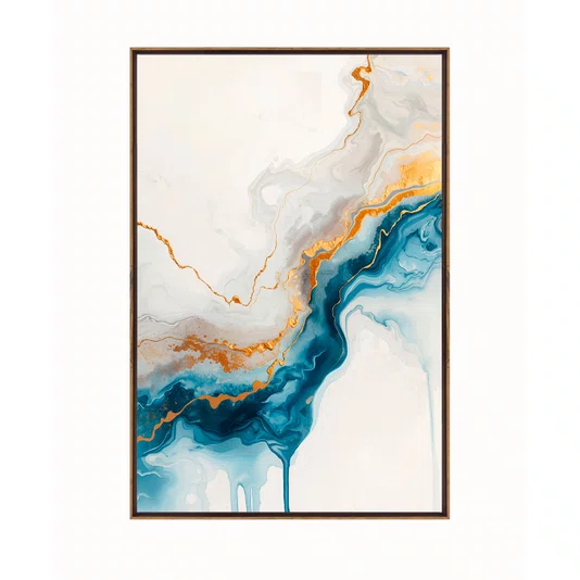 Quadro Abstrato Formas Fluidas em Azul e Ouro Decoração Minimalista Moderna