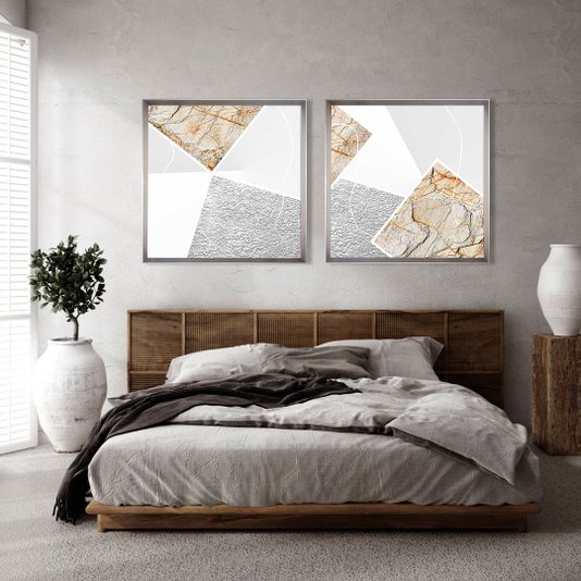 Quadro Abstrato Formas Geométricas com Moldura Prata Chanfrada