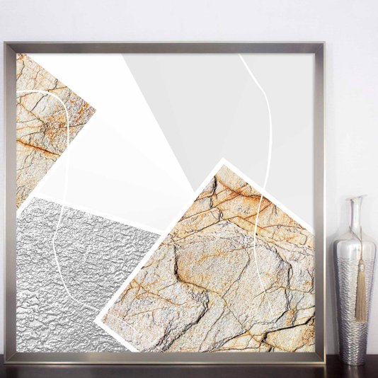 Quadro Abstrato Formas Geométricas com Moldura Prata Chanfrada