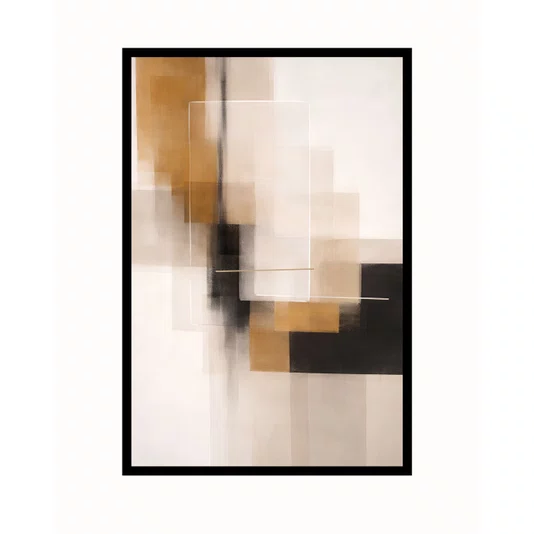 Quadro Abstrato Geométrico Arte Moderna em Tons de Dourado, Bege e Preto