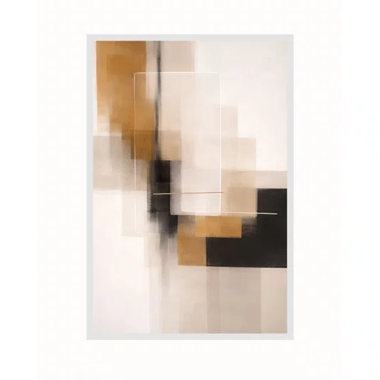 Quadro Abstrato Geométrico Arte Moderna em Tons de Dourado, Bege e Preto