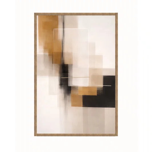 Quadro Abstrato Geométrico Arte Moderna em Tons de Dourado, Bege e Preto