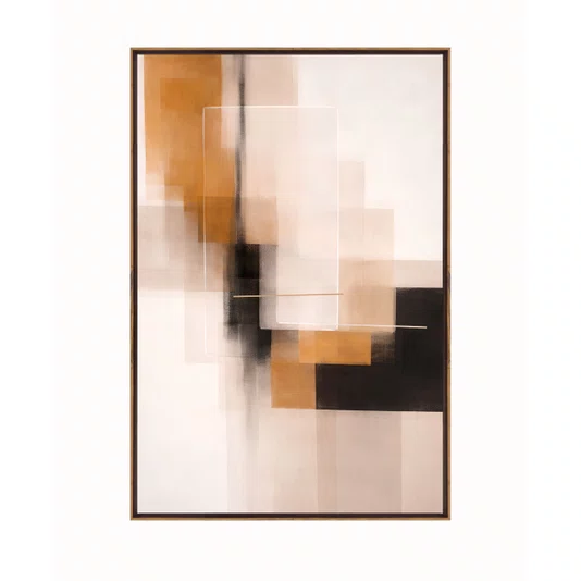 Quadro Abstrato Geométrico Arte Moderna em Tons de Dourado, Bege e Preto