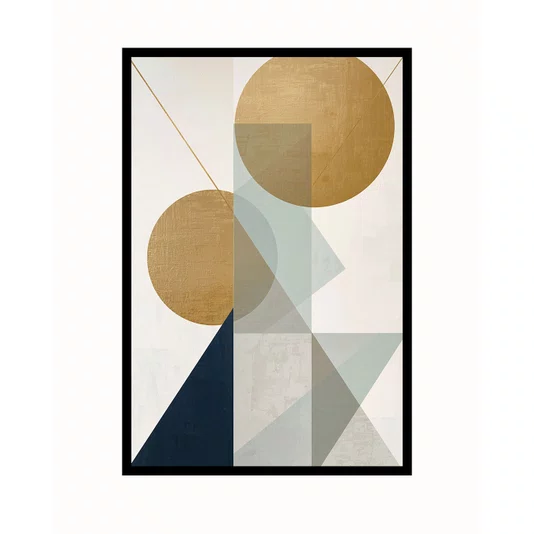 Quadro Abstrato Geométrico Círculos Dourados e Elementos Sálvia e Marinho