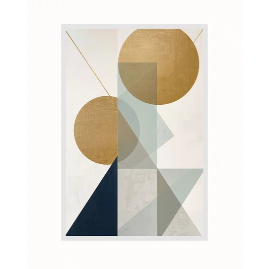 Quadro Abstrato Geométrico Círculos Dourados e Elementos Sálvia e Marinho