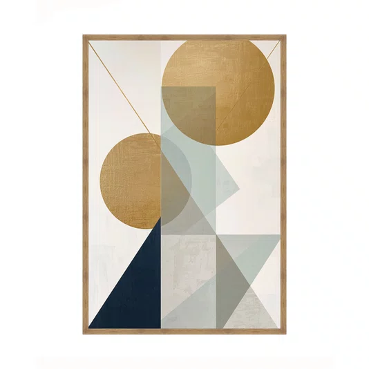 Quadro Abstrato Geométrico Círculos Dourados e Elementos Sálvia e Marinho