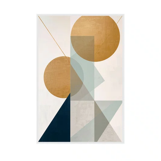 Quadro Abstrato Geométrico Círculos Dourados e Elementos Sálvia e Marinho