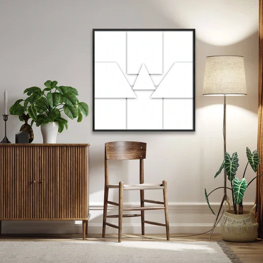 Quadro Abstrato Geometrico em Camadas Arte Minimalista com Moldura e Vidro