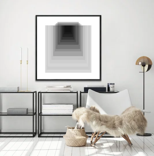 Quadro Abstrato Geométrico Profundo Preto e Branco Moderno com Moldura e Vidro