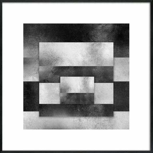 Quadro Abstrato Geométrico Sobreposto Preto e Branco com Moldura e Vidro