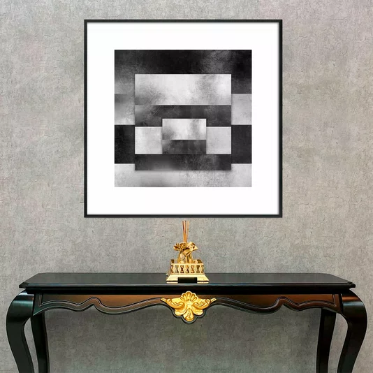 Quadro Abstrato Geométrico Sobreposto Preto e Branco com Moldura e Vidro